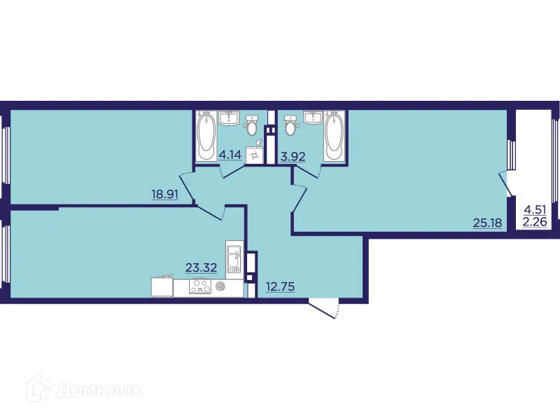 Планировка 2-комнатной квартиры 90.48 м² в ЖК Городские Сады, г. Воронеж — фото 2