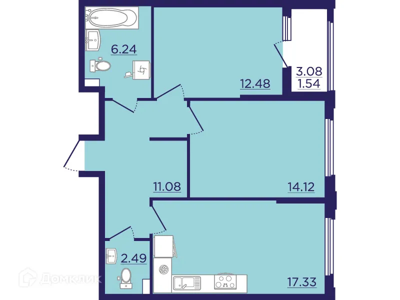Планировка 2-комнатной квартиры 65.28 м² в ЖК Городские Сады, г. Воронеж — фото 2