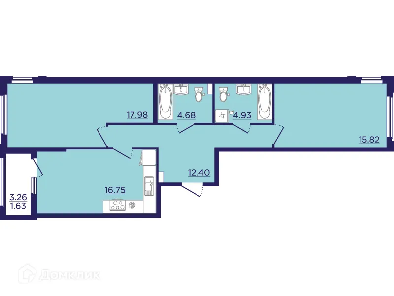 Планировка 2-комнатной квартиры 74.19 м² в ЖК Городские Сады, г. Воронеж — фото 2