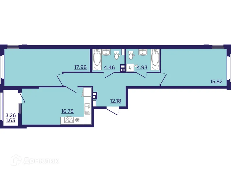 Планировка 2-комнатной квартиры 73.75 м² в ЖК Городские Сады, г. Воронеж — фото 2