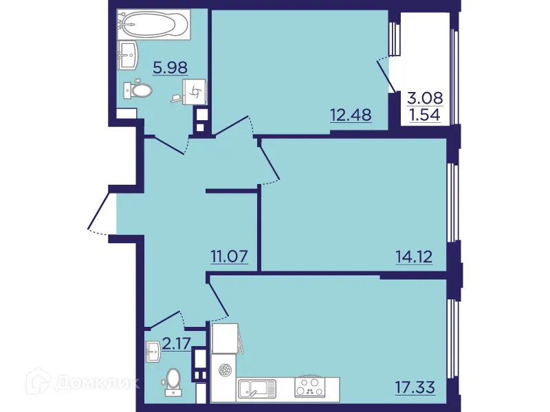 Планировка 2-комнатной квартиры 64.69 м² в ЖК Городские Сады, г. Воронеж — фото 2