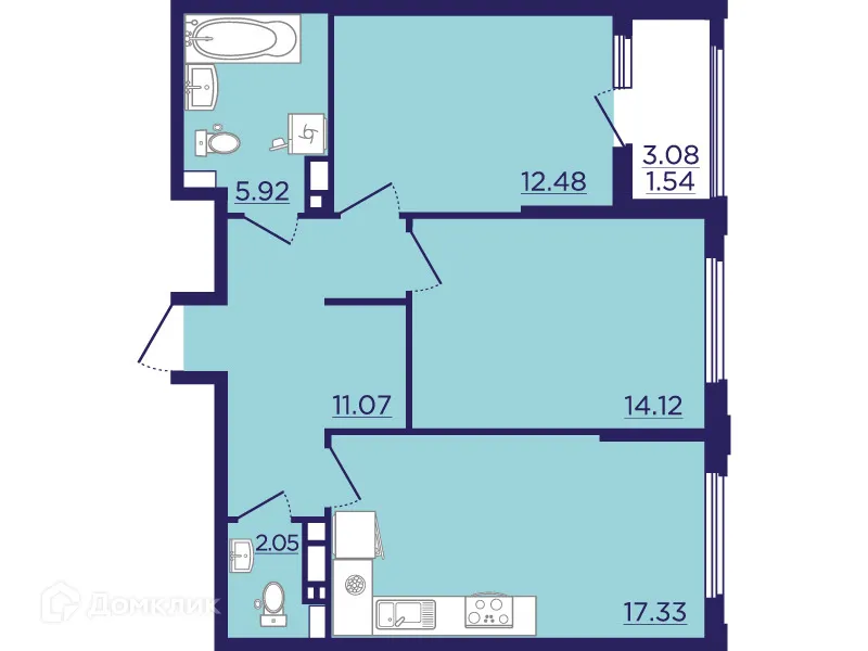 Планировка 2-комнатной квартиры 64.51 м² в ЖК Городские Сады, г. Воронеж — фото 2