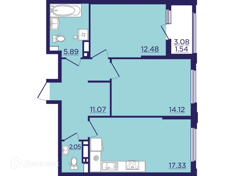 Планировка 2-комнатной квартиры 64.48 м² в ЖК Городские Сады, г. Воронеж — фото 2