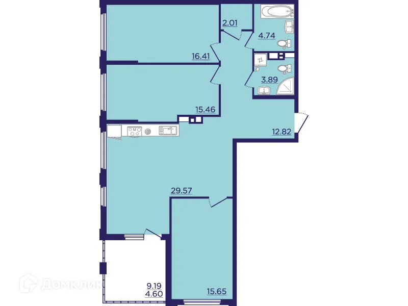 Планировка 3-комнатной квартиры 105.15 м² в ЖК Городские Сады, г. Воронеж — фото 2