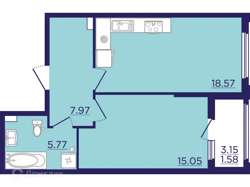Планировка 1-комнатной квартиры 48.94 м² в ЖК Городские Сады, г. Воронеж — фото 2