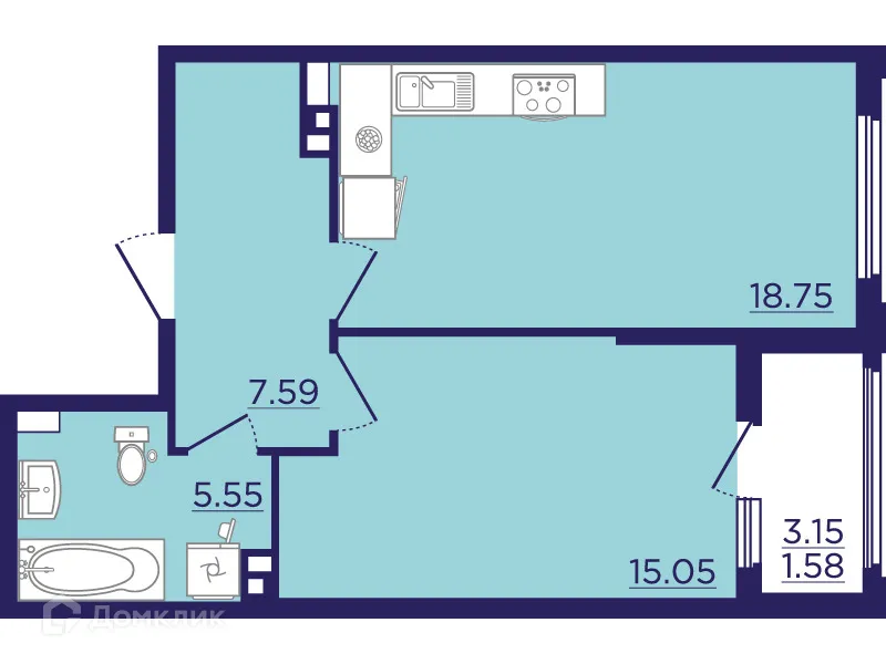 Планировка 1-комнатной квартиры 48.52 м² в ЖК Городские Сады, г. Воронеж — фото 2