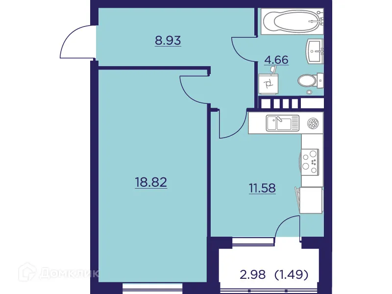 Планировка 1-комнатной квартиры 45.48 м² в ЖК Городские Сады, г. Воронеж — фото 1