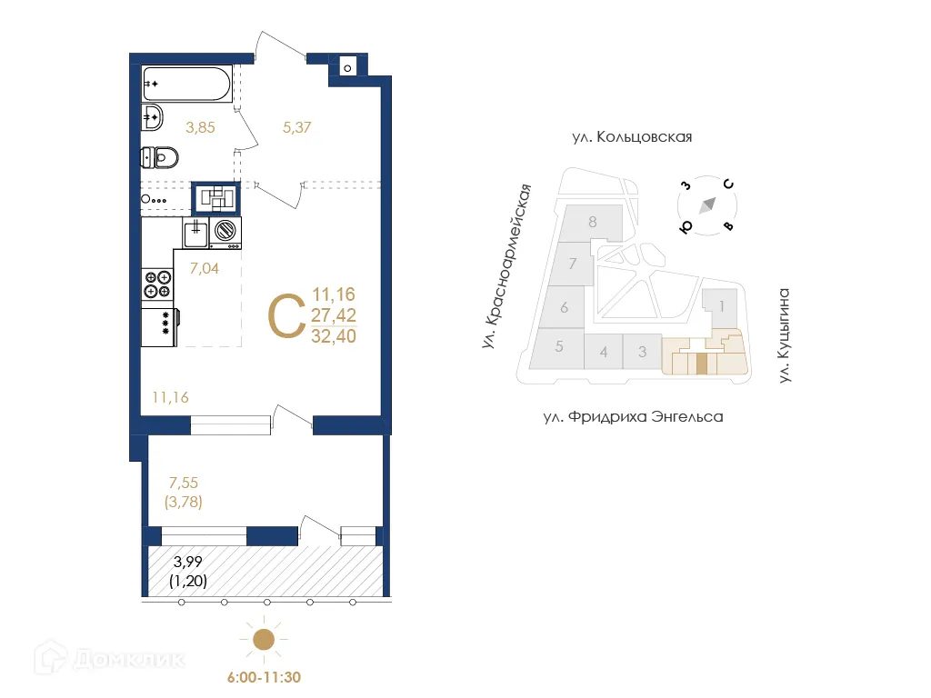 Планировка 1-комнатной квартиры 32.4 м² в ЖК Жилой дом по ул. Фридриха Энгельса, г. Воронеж — фото 5