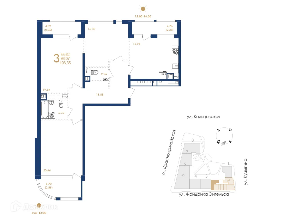 Планировка 3-комнатной квартиры 103.51 м² в ЖК Жилой дом по ул. Фридриха Энгельса, г. Воронеж — фото 2