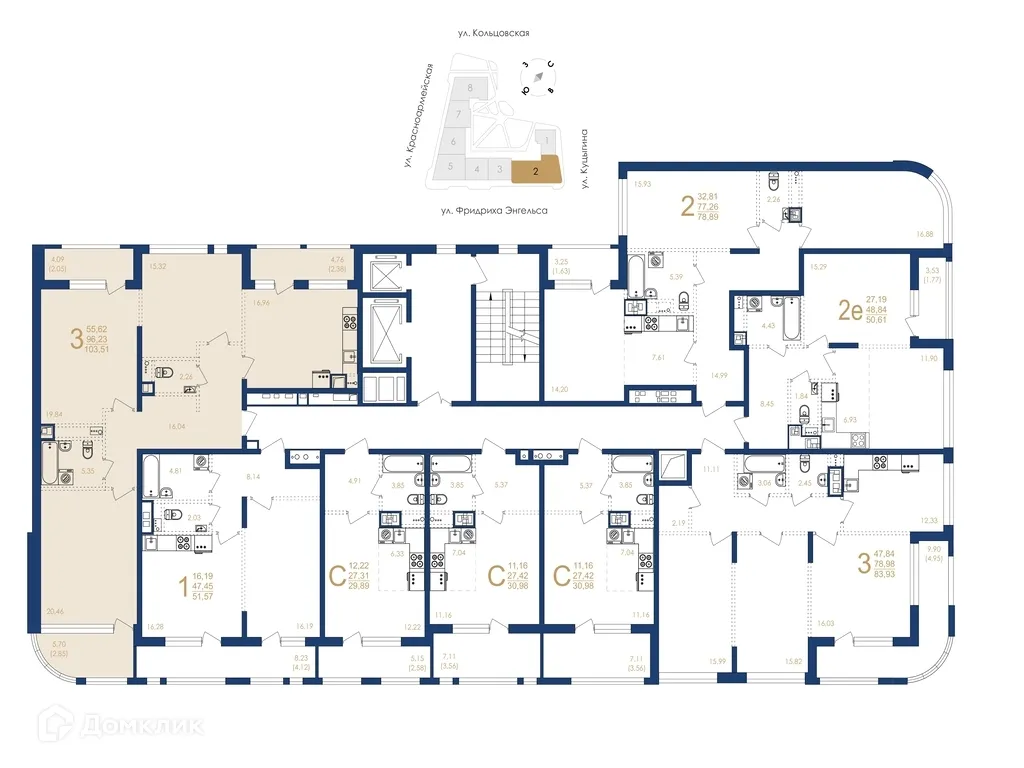 Планировка 3-комнатной квартиры 103.51 м² в ЖК Жилой дом по ул. Фридриха Энгельса, г. Воронеж — фото 3