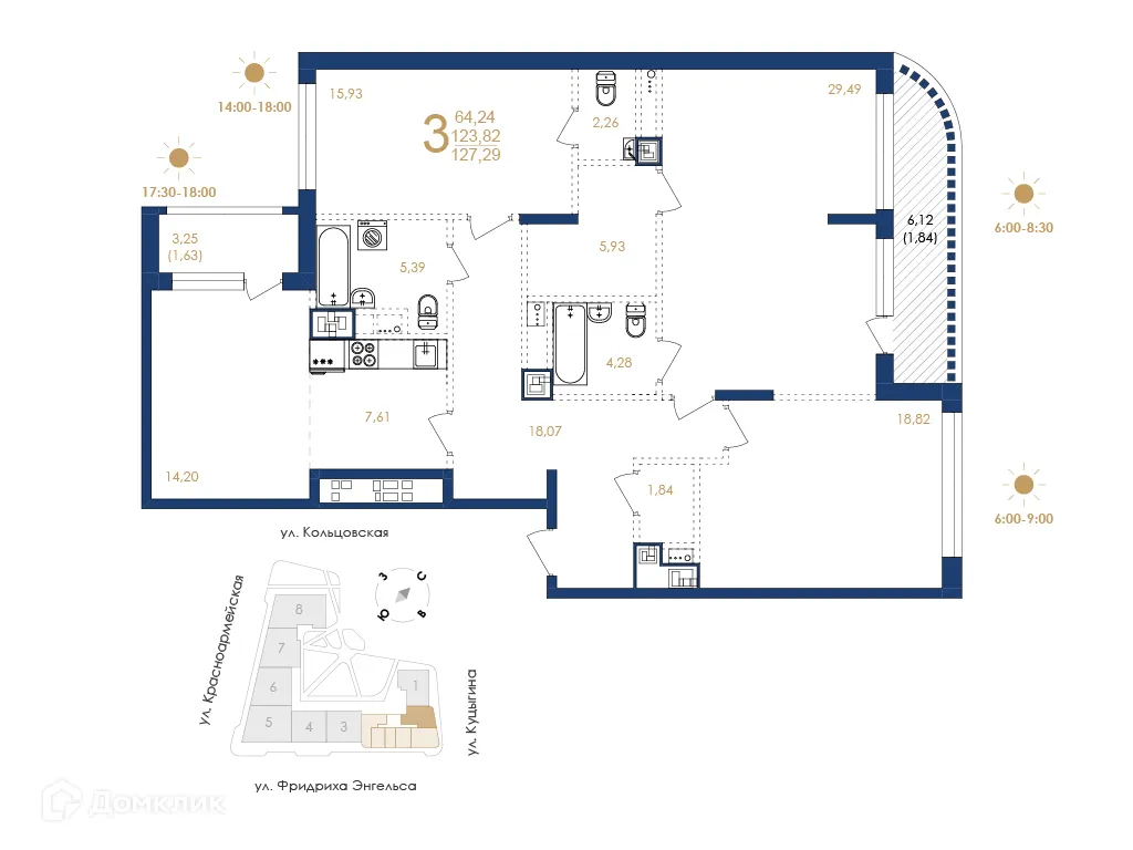 Планировка 3-комнатной квартиры 127.29 м² в ЖК Жилой дом по ул. Фридриха Энгельса, г. Воронеж — фото 5