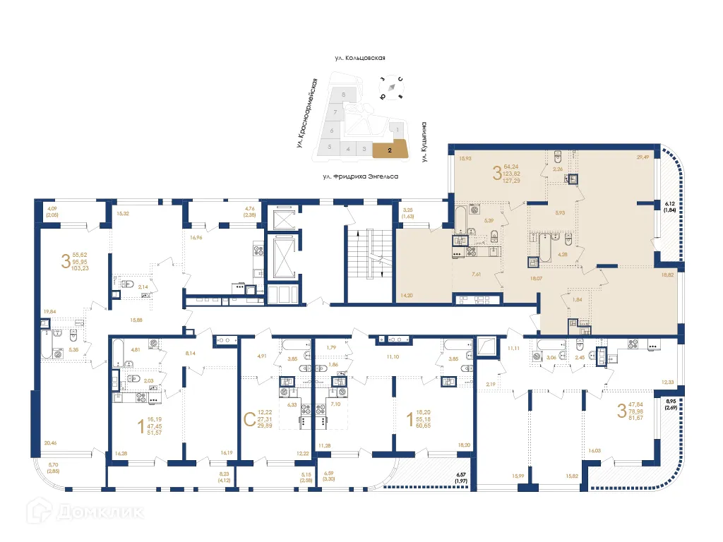 Планировка 3-комнатной квартиры 127.29 м² в ЖК Жилой дом по ул. Фридриха Энгельса, г. Воронеж — фото 6