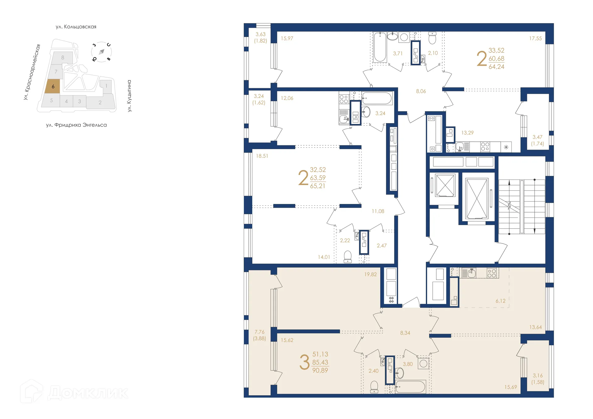 Планировка 3-комнатной квартиры 90.89 м² в ЖК Жилой дом по ул. Фридриха Энгельса, г. Воронеж — фото 6