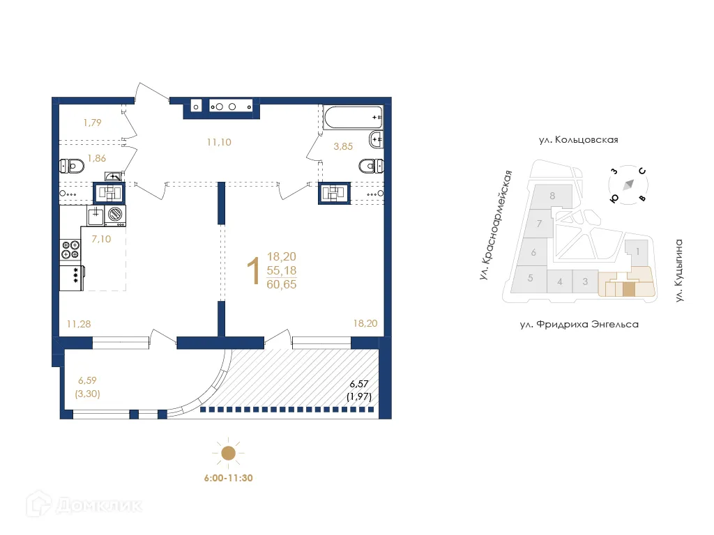 Планировка 1-комнатной квартиры 60.65 м² в ЖК Жилой дом по ул. Фридриха Энгельса, г. Воронеж — фото 5