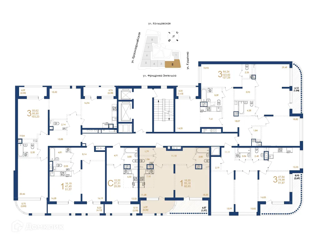 Планировка 1-комнатной квартиры 60.65 м² в ЖК Жилой дом по ул. Фридриха Энгельса, г. Воронеж — фото 6