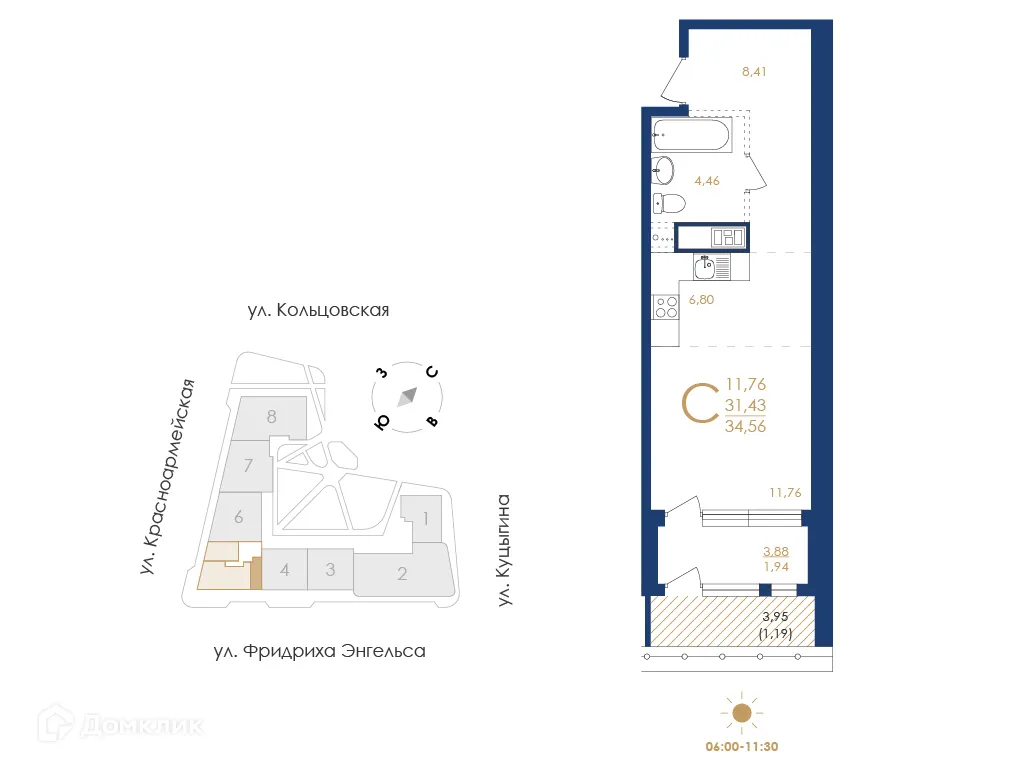 Планировка 1-комнатной квартиры 34.56 м² в ЖК Жилой дом по ул. Фридриха Энгельса, г. Воронеж — фото 5