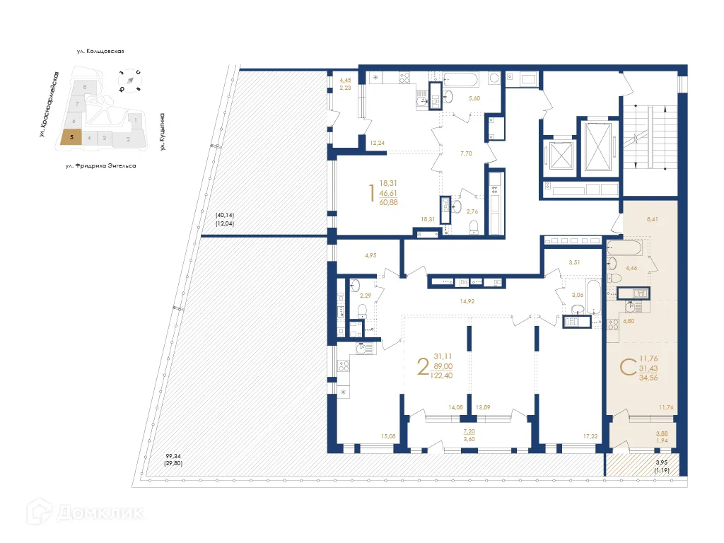 Планировка 1-комнатной квартиры 34.56 м² в ЖК Жилой дом по ул. Фридриха Энгельса, г. Воронеж — фото 6