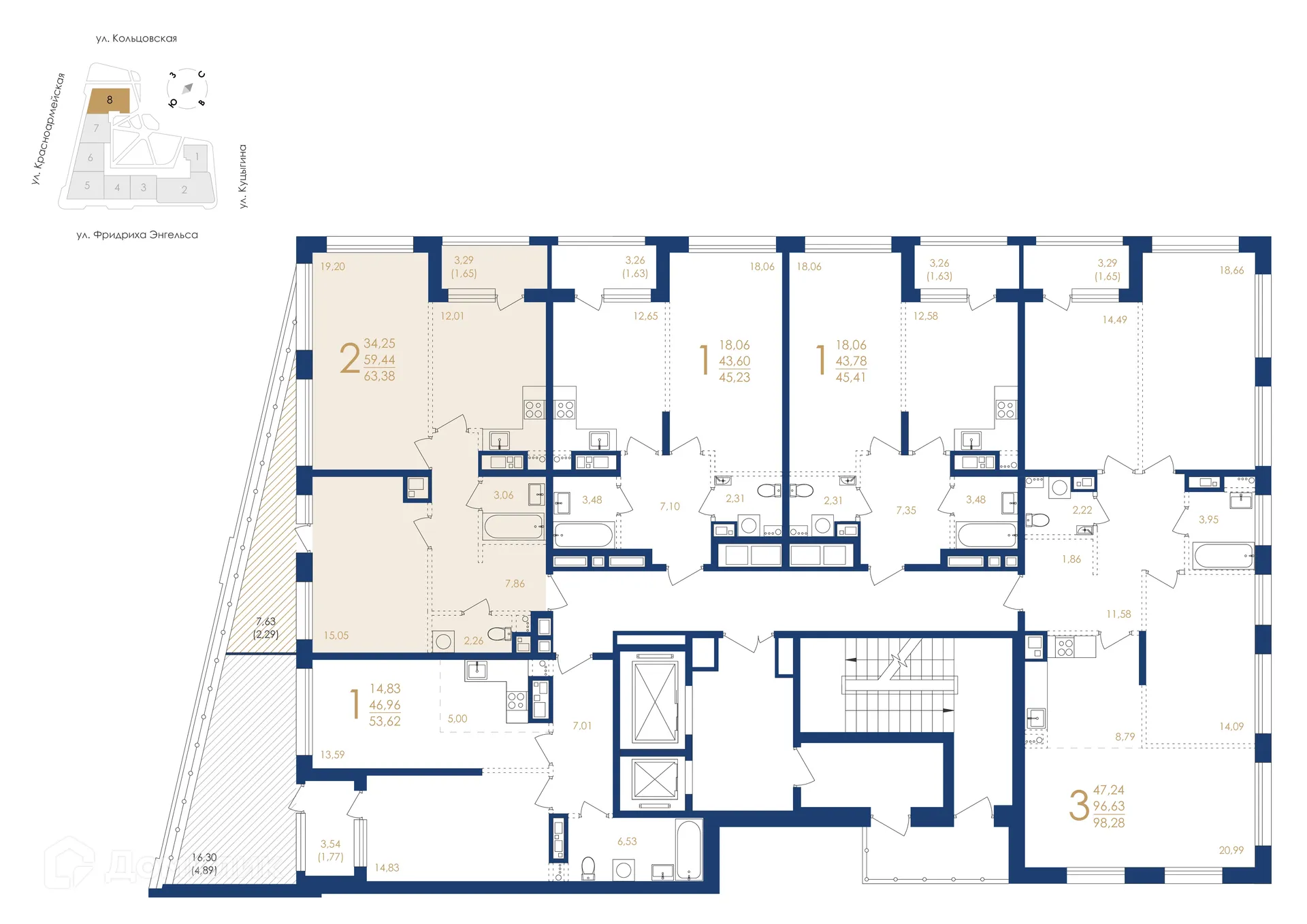 Планировка 2-комнатной квартиры 63.38 м² в ЖК Жилой дом по ул. Фридриха Энгельса, г. Воронеж — фото 6
