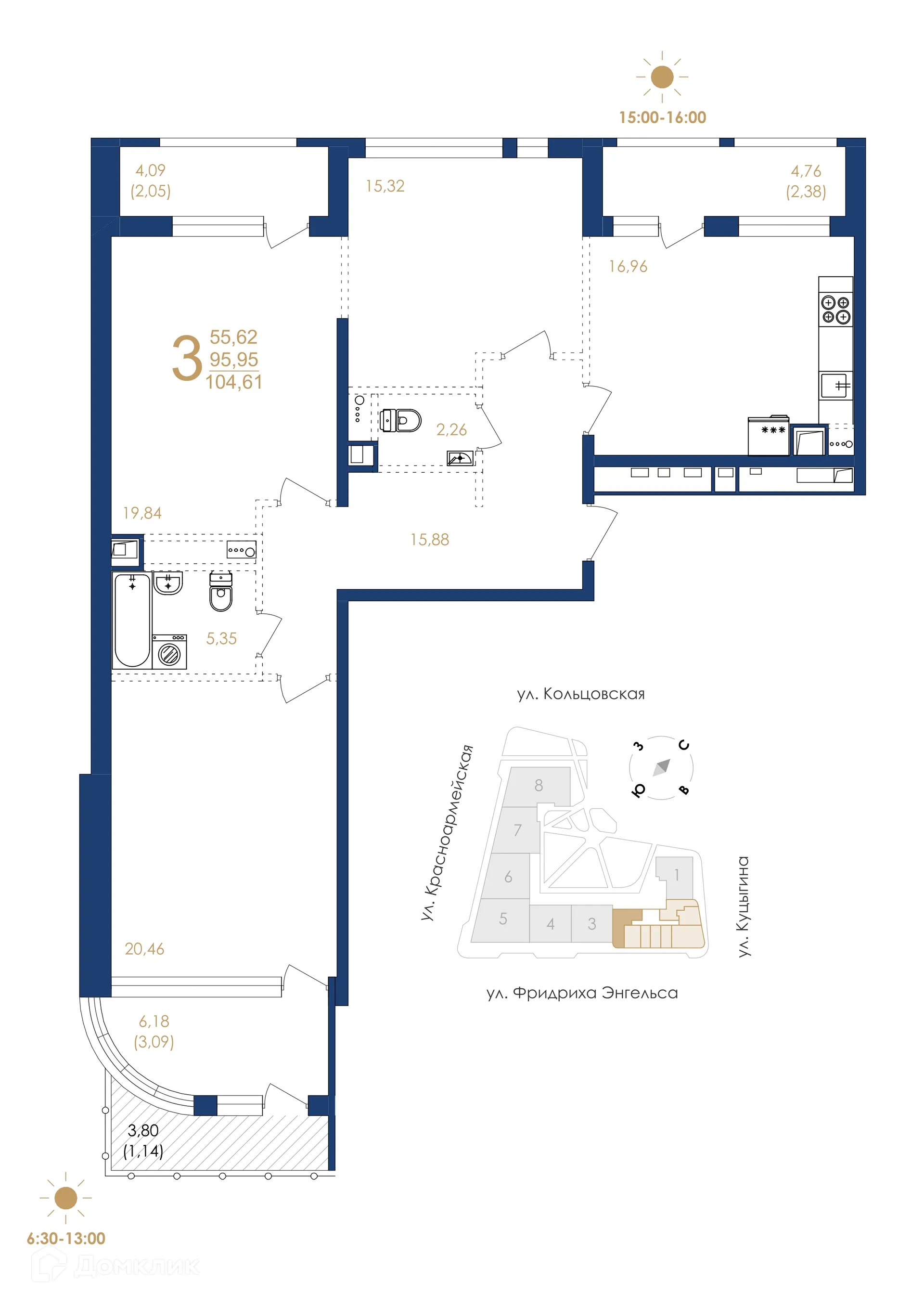 Планировка 3-комнатной квартиры 104.61 м² в ЖК Жилой дом по ул. Фридриха Энгельса, г. Воронеж — фото 5