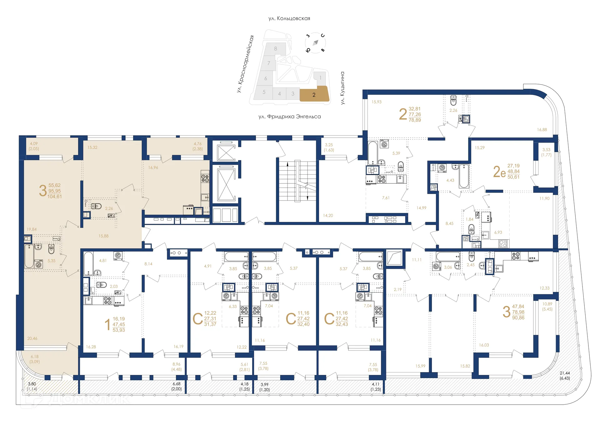 Планировка 3-комнатной квартиры 104.61 м² в ЖК Жилой дом по ул. Фридриха Энгельса, г. Воронеж — фото 6