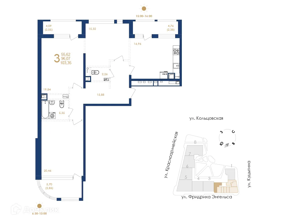 Планировка 3-комнатной квартиры 103.35 м² в ЖК Жилой дом по ул. Фридриха Энгельса, г. Воронеж — фото 5
