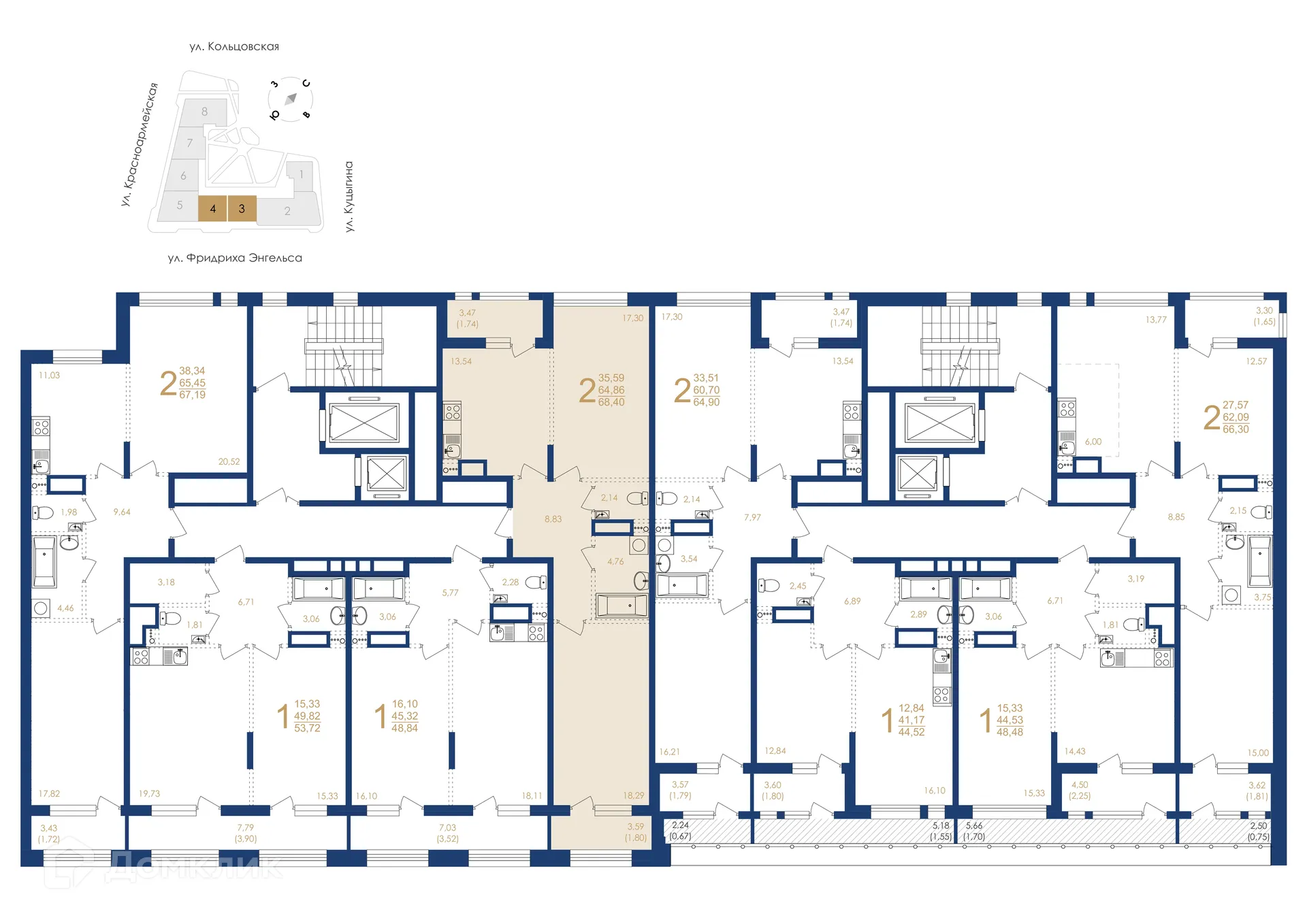 Планировка 2-комнатной квартиры 68.4 м² в ЖК Жилой дом по ул. Фридриха Энгельса, г. Воронеж — фото 6