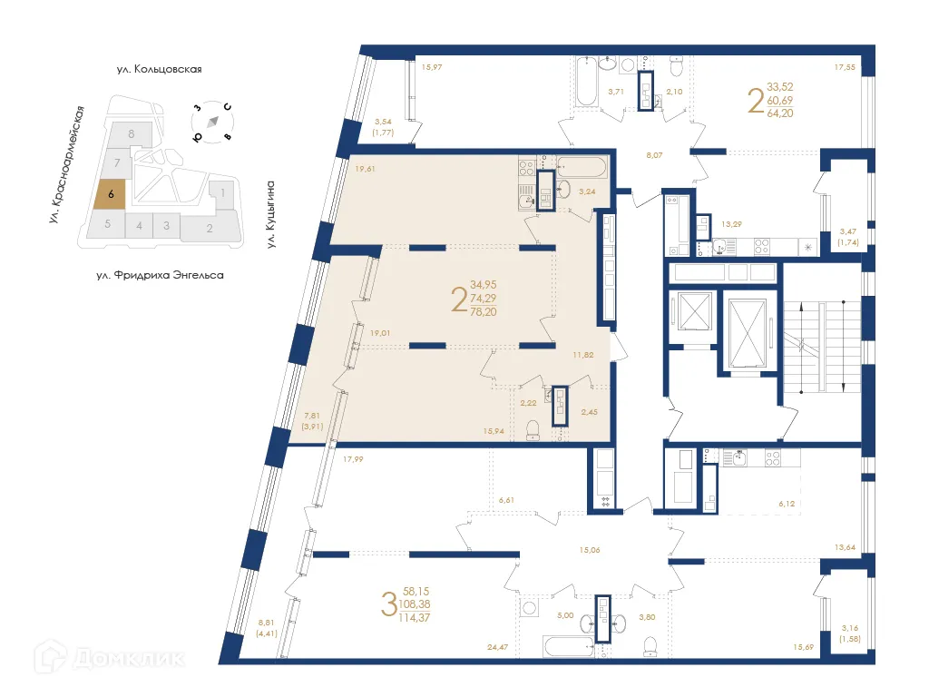 Планировка 2-комнатной квартиры 78.2 м² в ЖК Жилой дом по ул. Фридриха Энгельса, г. Воронеж — фото 6