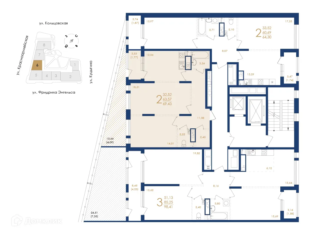 Планировка 2-комнатной квартиры 69.43 м² в ЖК Жилой дом по ул. Фридриха Энгельса, г. Воронеж — фото 6