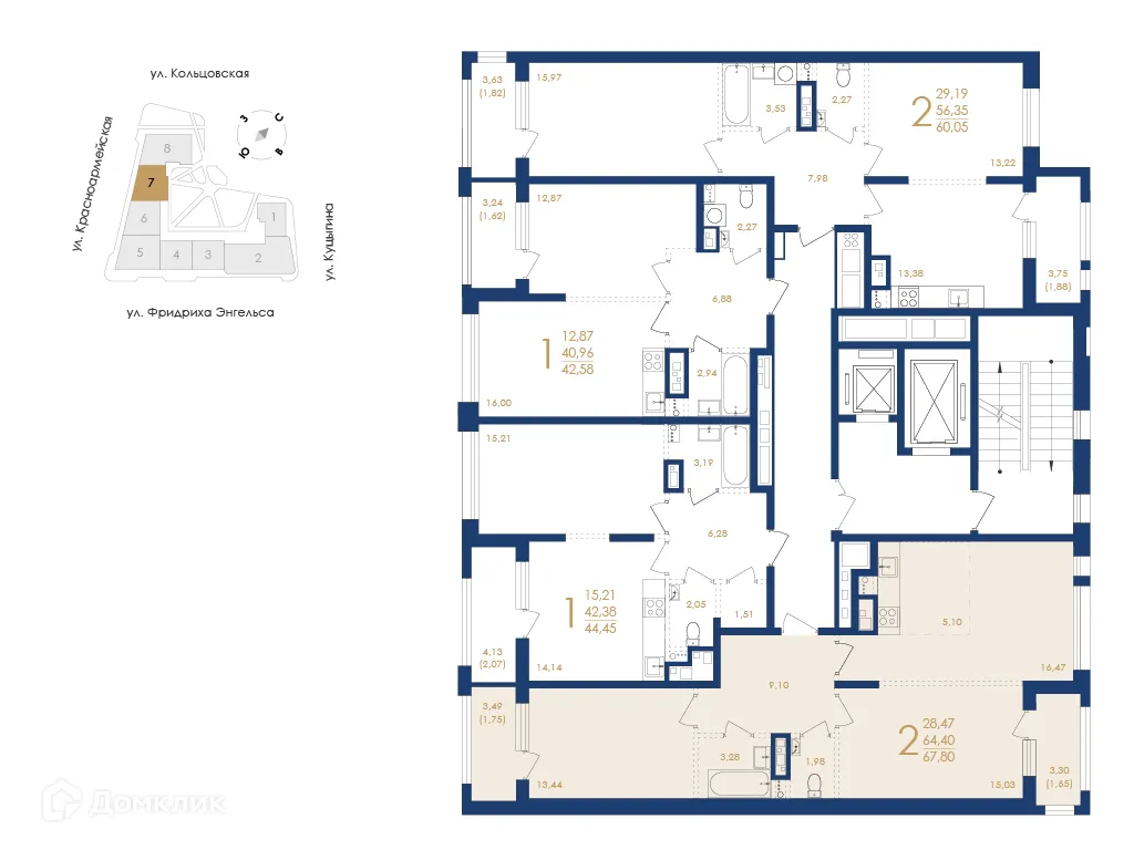 Планировка 2-комнатной квартиры 67.8 м² в ЖК Жилой дом по ул. Фридриха Энгельса, г. Воронеж — фото 3
