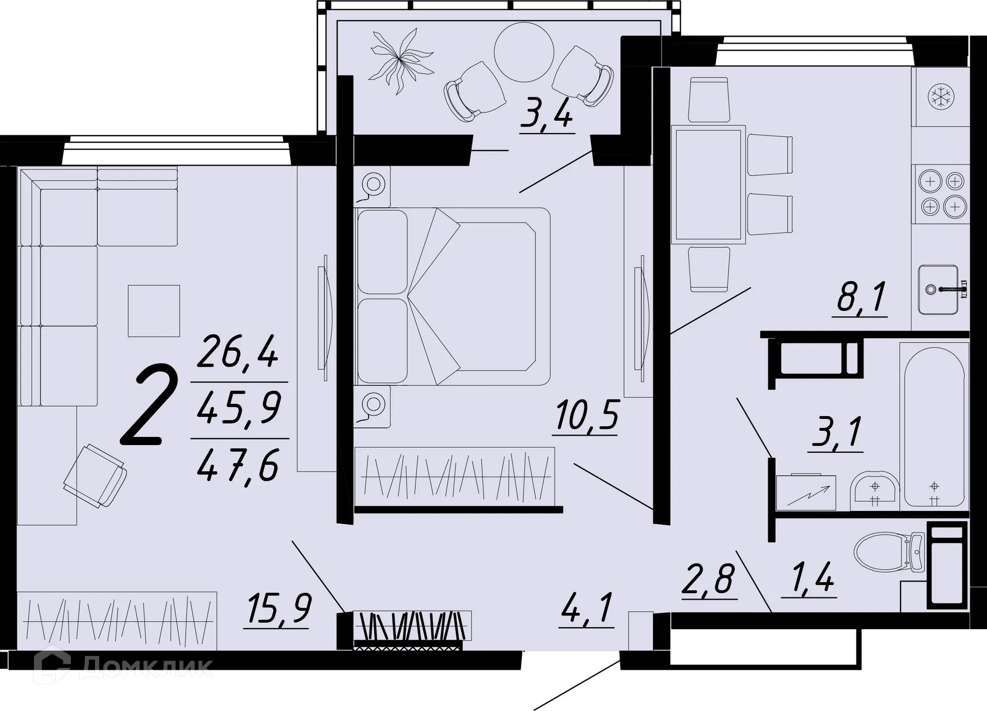 Планировка 2-комнатной квартиры 47.3 м² в ЖК Ласточкино, г. Воронеж — фото 1