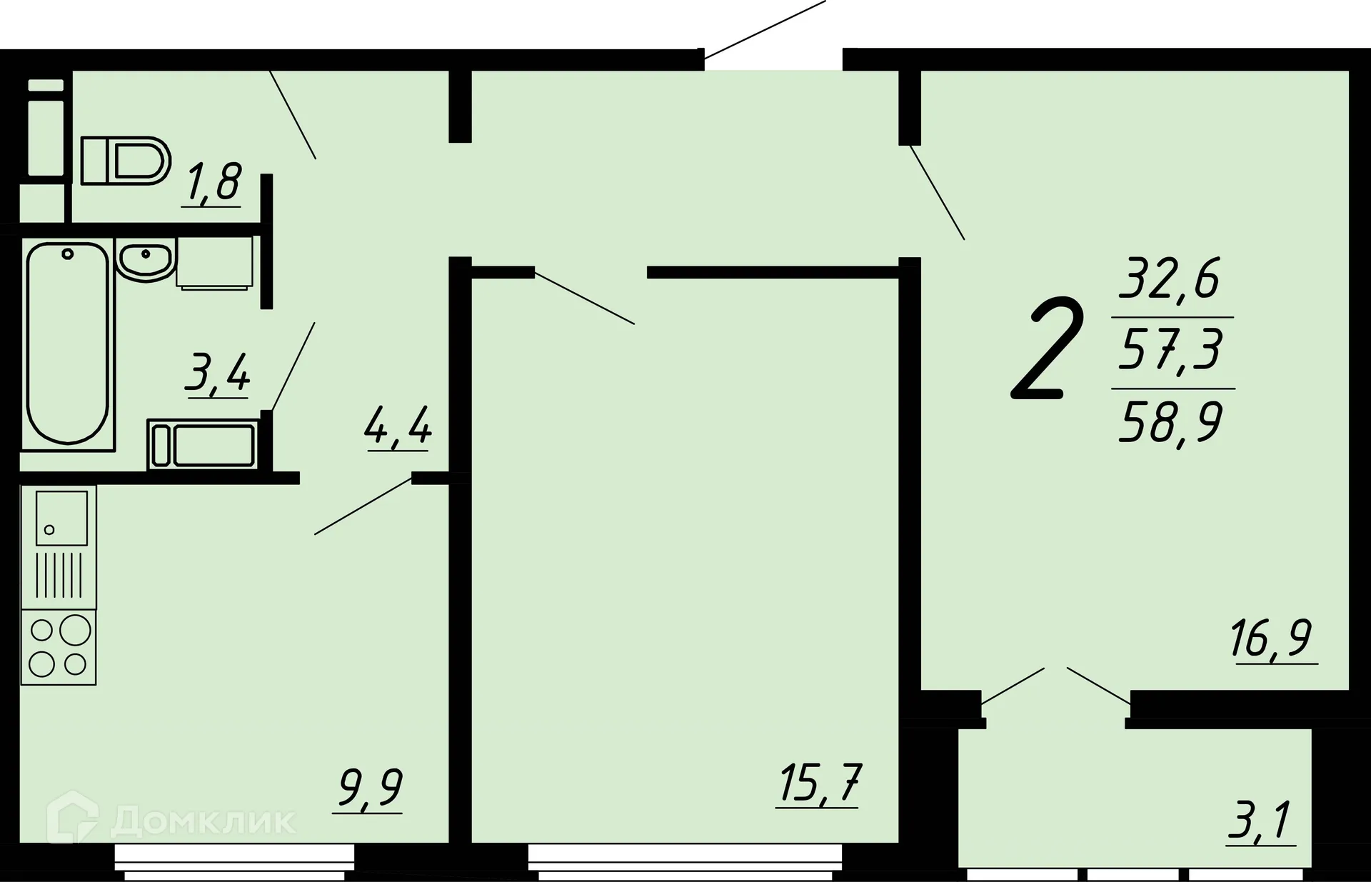 Планировка 2-комнатной квартиры 57.1 м² в ЖК Ласточкино, г. Воронеж — фото 1