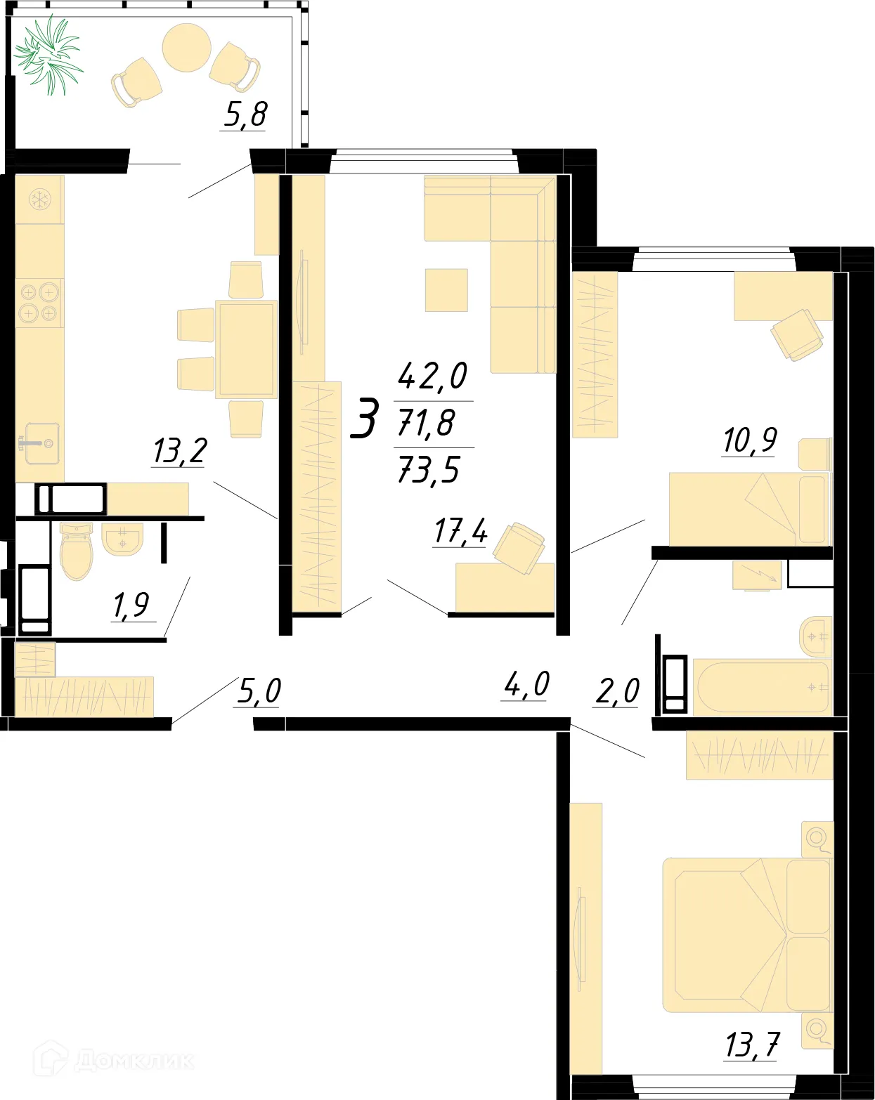 Планировка 3-комнатной квартиры 74.4 м² в ЖК Ласточкино, г. Воронеж — фото 1