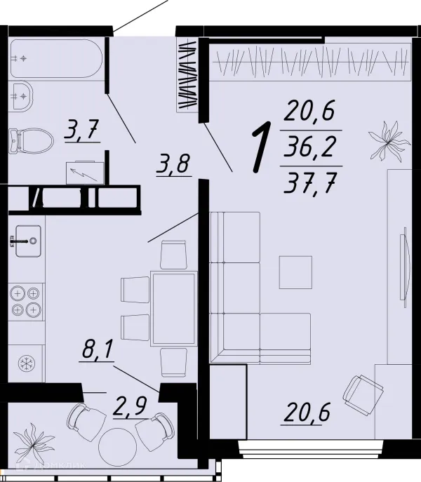 Планировка 1 комн. в ЖК Ласточкино