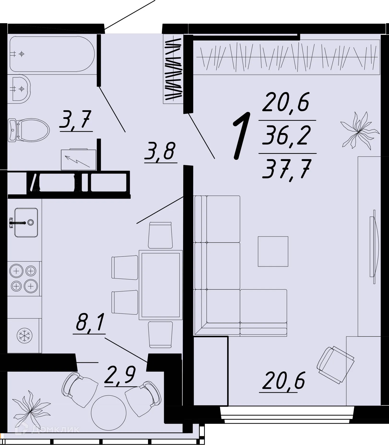 Планировка 1-комнатной квартиры 37.5 м² в ЖК Ласточкино, г. Воронеж — фото 1