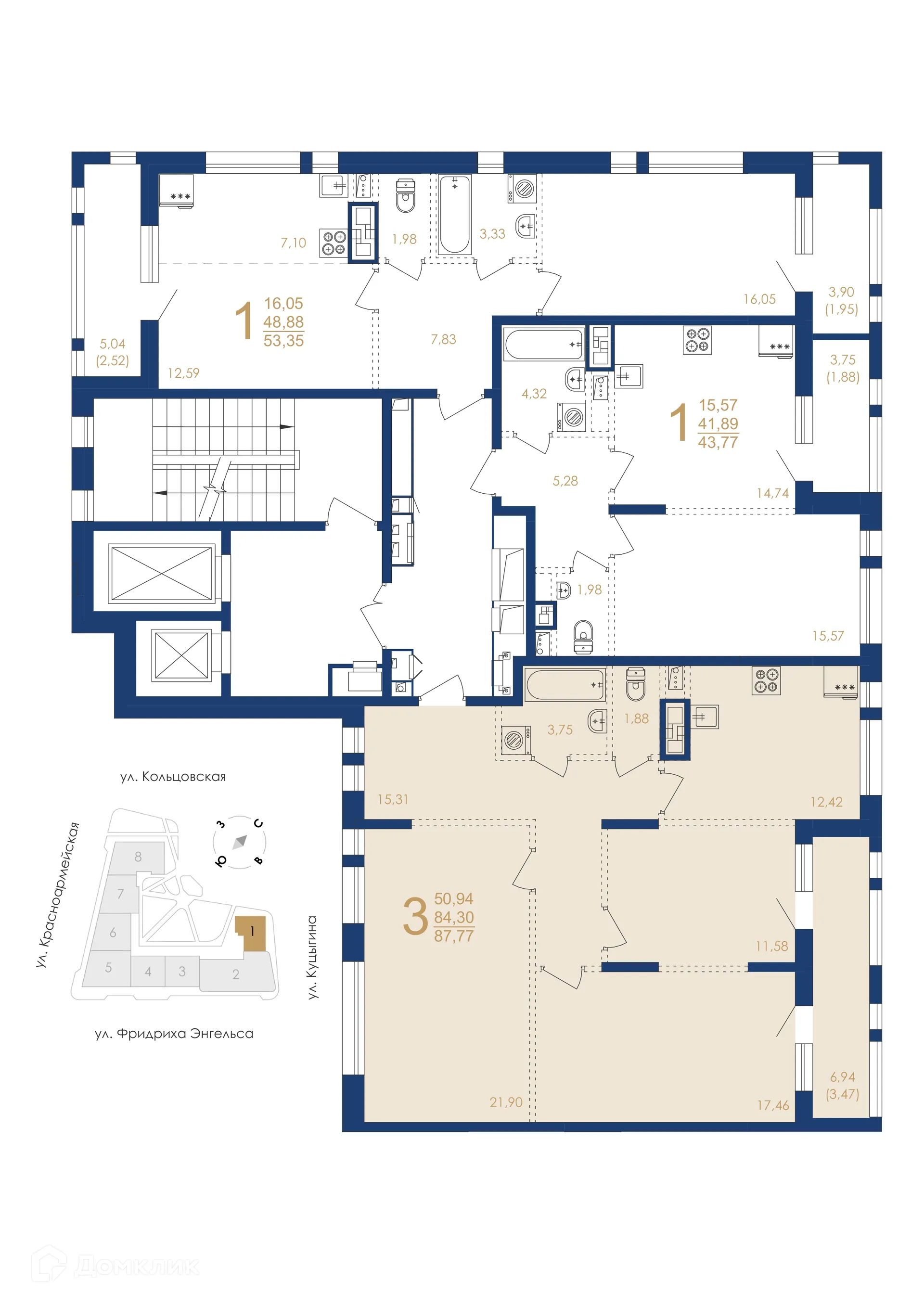 Планировка 3-комнатной квартиры 87.77 м² в ЖК Жилой дом по ул. Фридриха Энгельса, г. Воронеж — фото 6