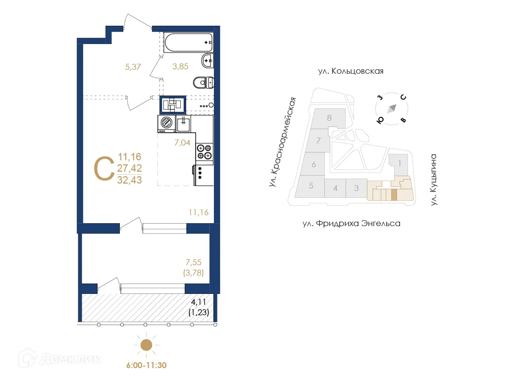 Планировка 1-комнатной квартиры 32.43 м² в ЖК Жилой дом по ул. Фридриха Энгельса, г. Воронеж — фото 5