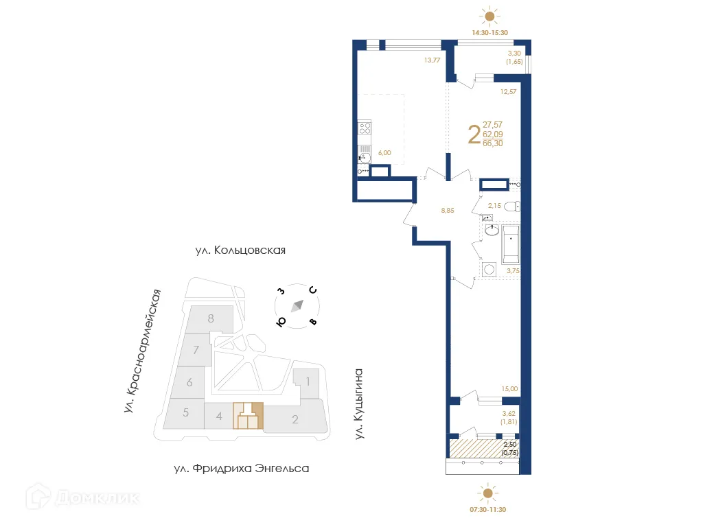 Планировка 2-комнатной квартиры 66.3 м² в ЖК Жилой дом по ул. Фридриха Энгельса, г. Воронеж — фото 5