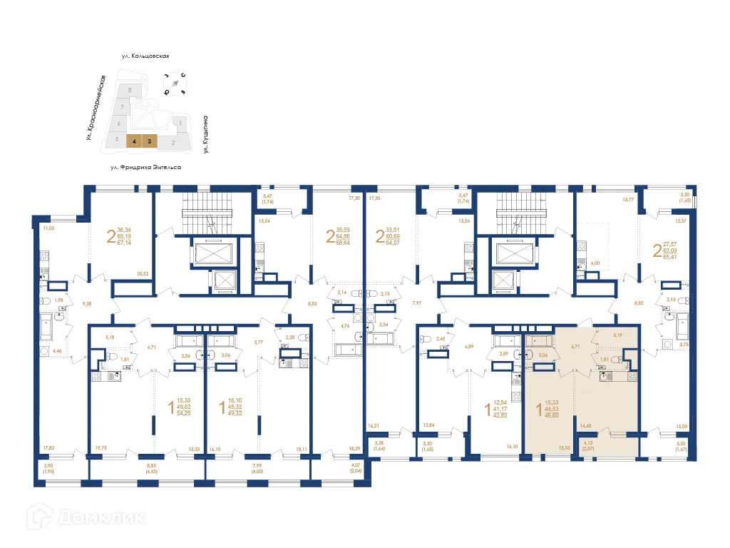 Планировка 1-комнатной квартиры 46.6 м² в ЖК Жилой дом по ул. Фридриха Энгельса, г. Воронеж — фото 6