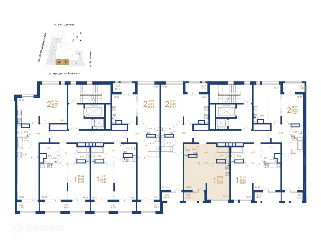 Планировка 1-комнатной квартиры 42.82 м² в ЖК Жилой дом по ул. Фридриха Энгельса, г. Воронеж — фото 6