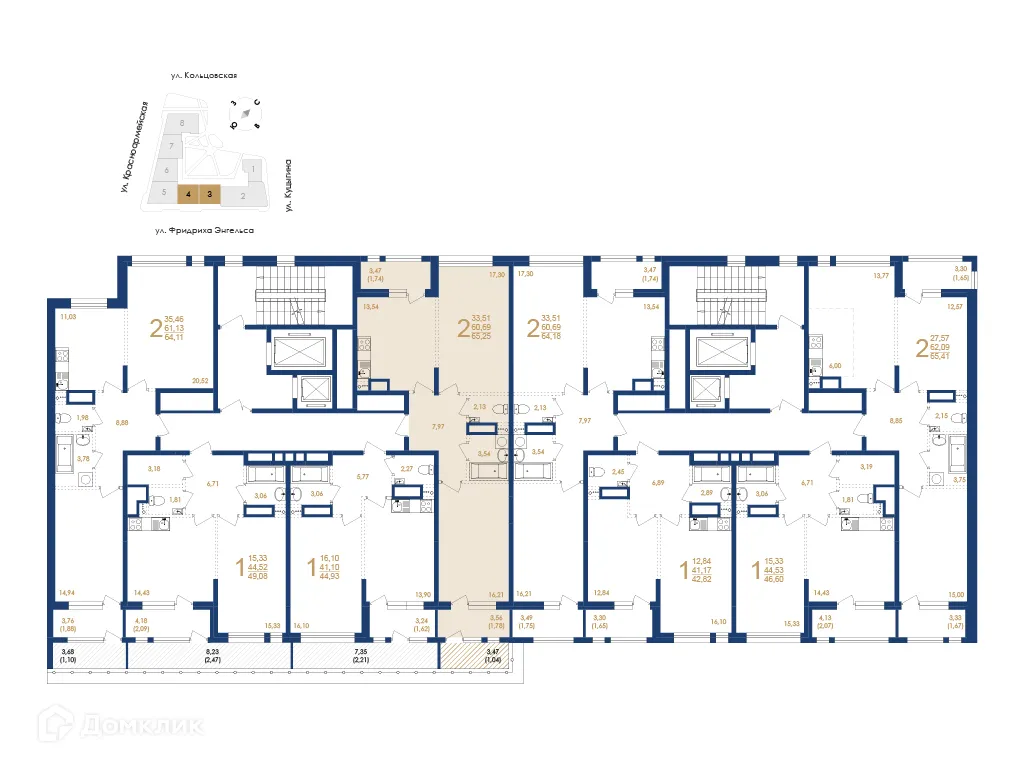 Планировка 2-комнатной квартиры 65.25 м² в ЖК Жилой дом по ул. Фридриха Энгельса, г. Воронеж — фото 6