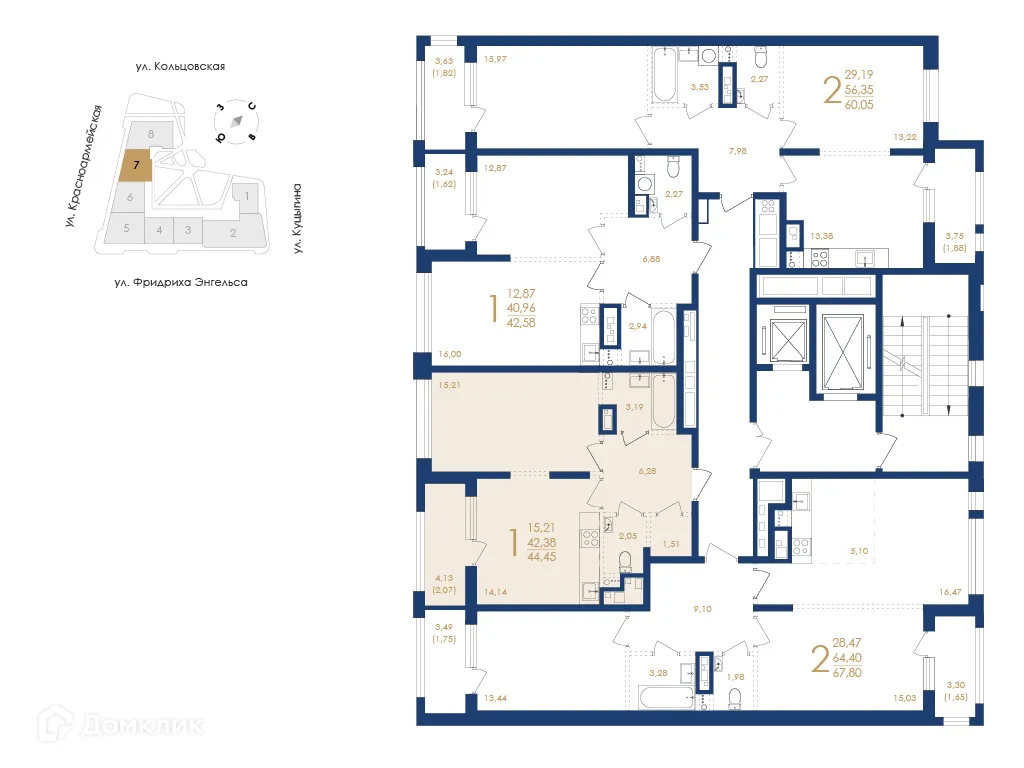 Планировка 1-комнатной квартиры 44.45 м² в ЖК Жилой дом по ул. Фридриха Энгельса, г. Воронеж — фото 3