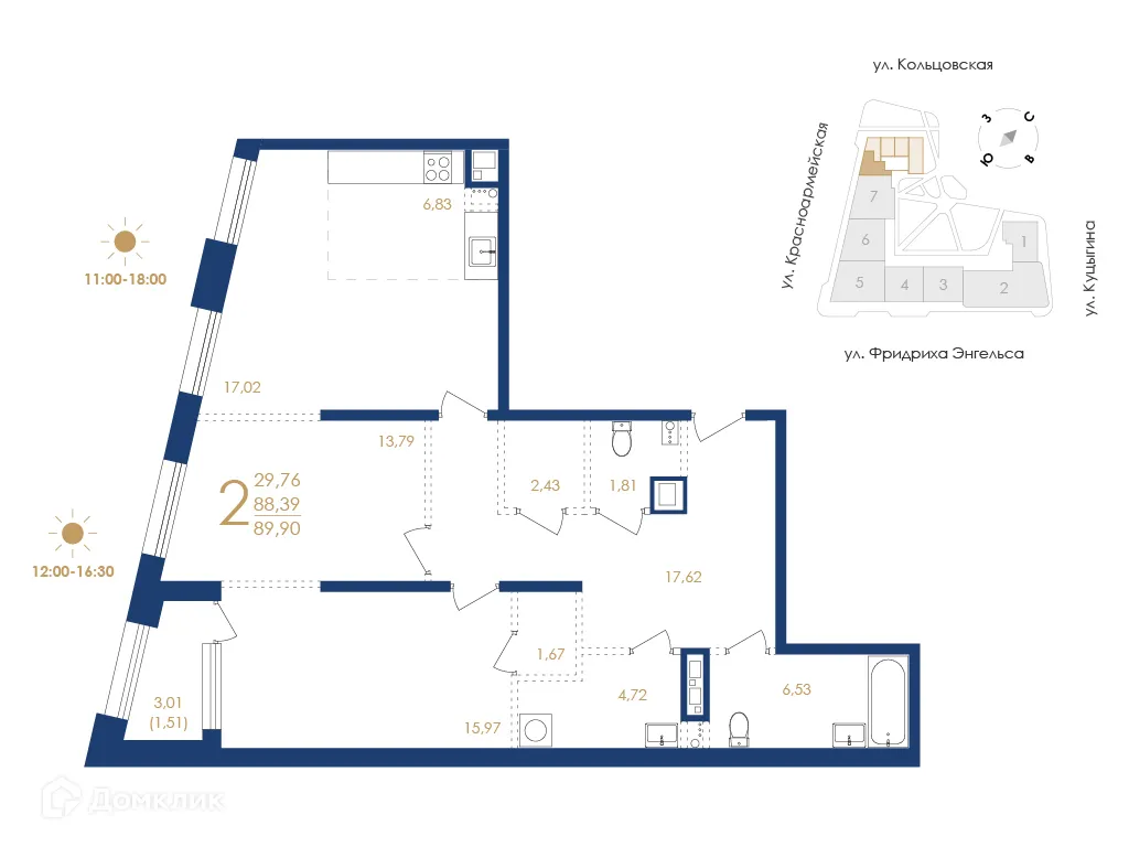 Планировка 2-комнатной квартиры 89.9 м² в ЖК Жилой дом по ул. Фридриха Энгельса, г. Воронеж — фото 5