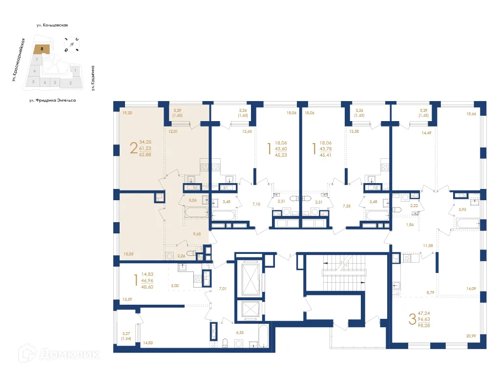 Планировка 2-комнатной квартиры 62.88 м² в ЖК Жилой дом по ул. Фридриха Энгельса, г. Воронеж — фото 3