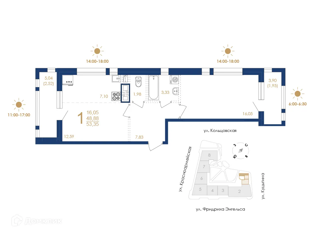 Планировка 1-комнатной квартиры 53.35 м² в ЖК Жилой дом по ул. Фридриха Энгельса, г. Воронеж — фото 2