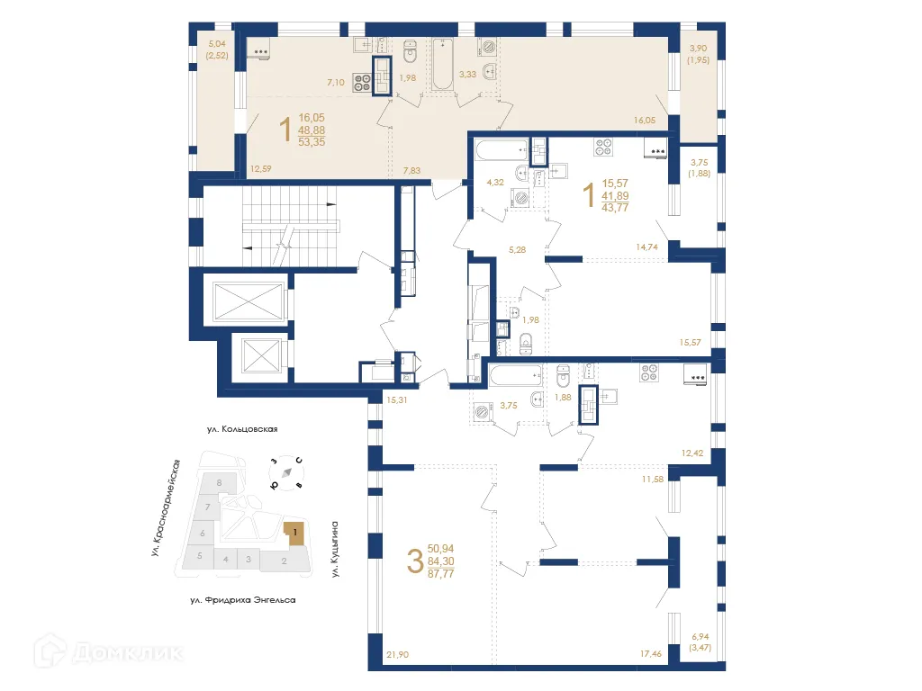Планировка 1-комнатной квартиры 53.35 м² в ЖК Жилой дом по ул. Фридриха Энгельса, г. Воронеж — фото 3