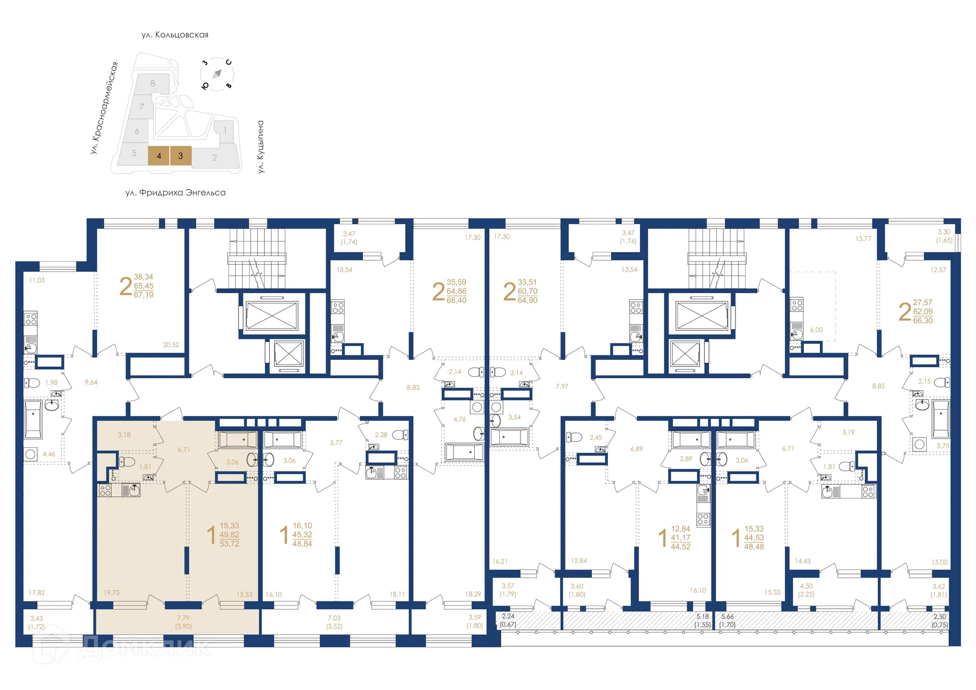 Планировка 1-комнатной квартиры 53.72 м² в ЖК Жилой дом по ул. Фридриха Энгельса, г. Воронеж — фото 6
