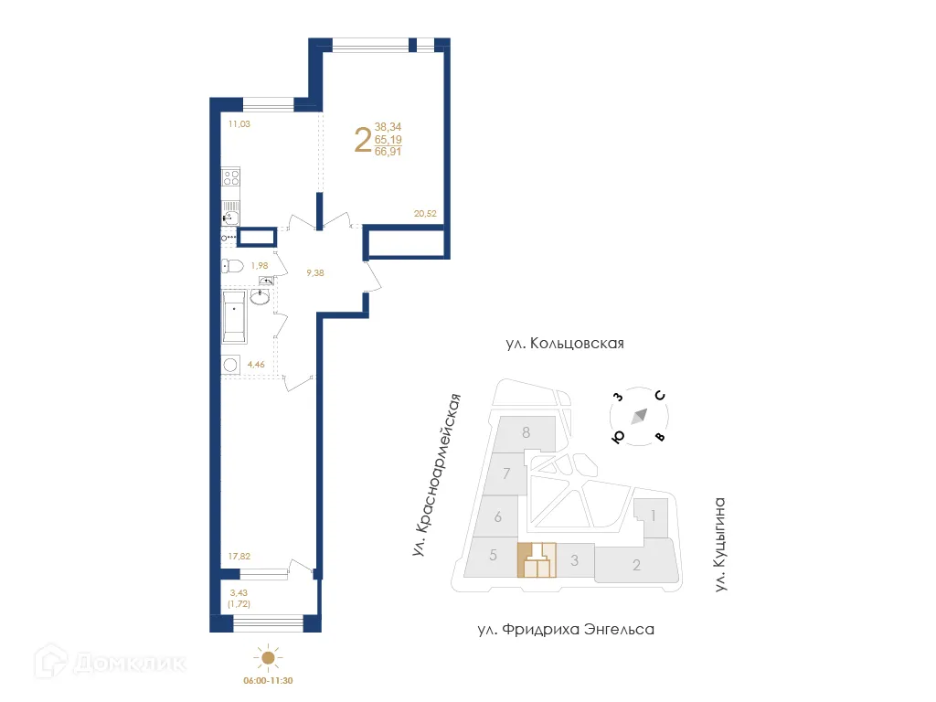 Планировка 2-комнатной квартиры 67.19 м² в ЖК Жилой дом по ул. Фридриха Энгельса, г. Воронеж — фото 5