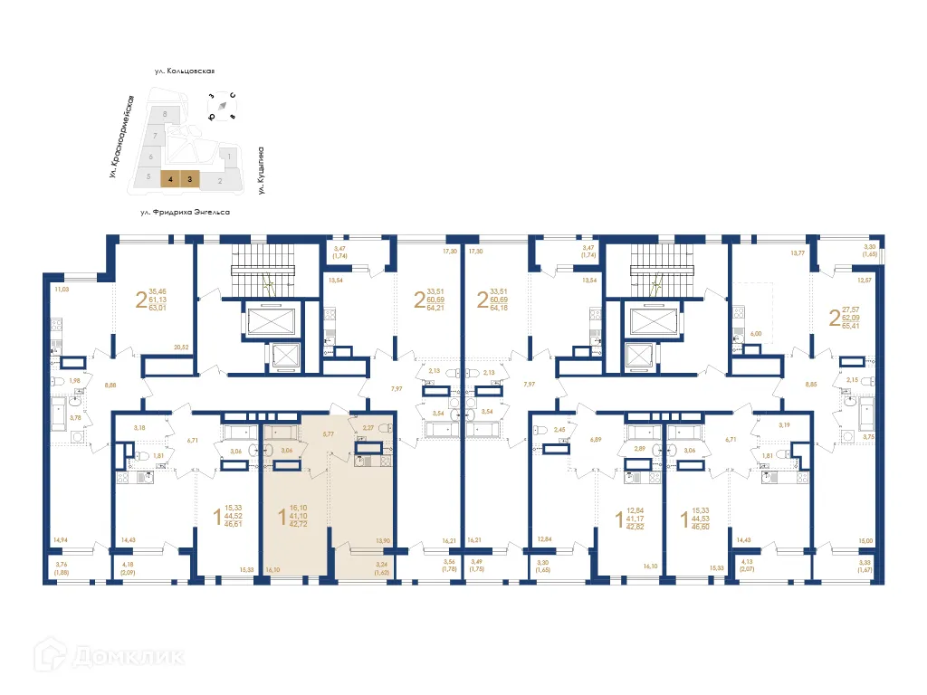 Планировка 1-комнатной квартиры 42.72 м² в ЖК Жилой дом по ул. Фридриха Энгельса, г. Воронеж — фото 3