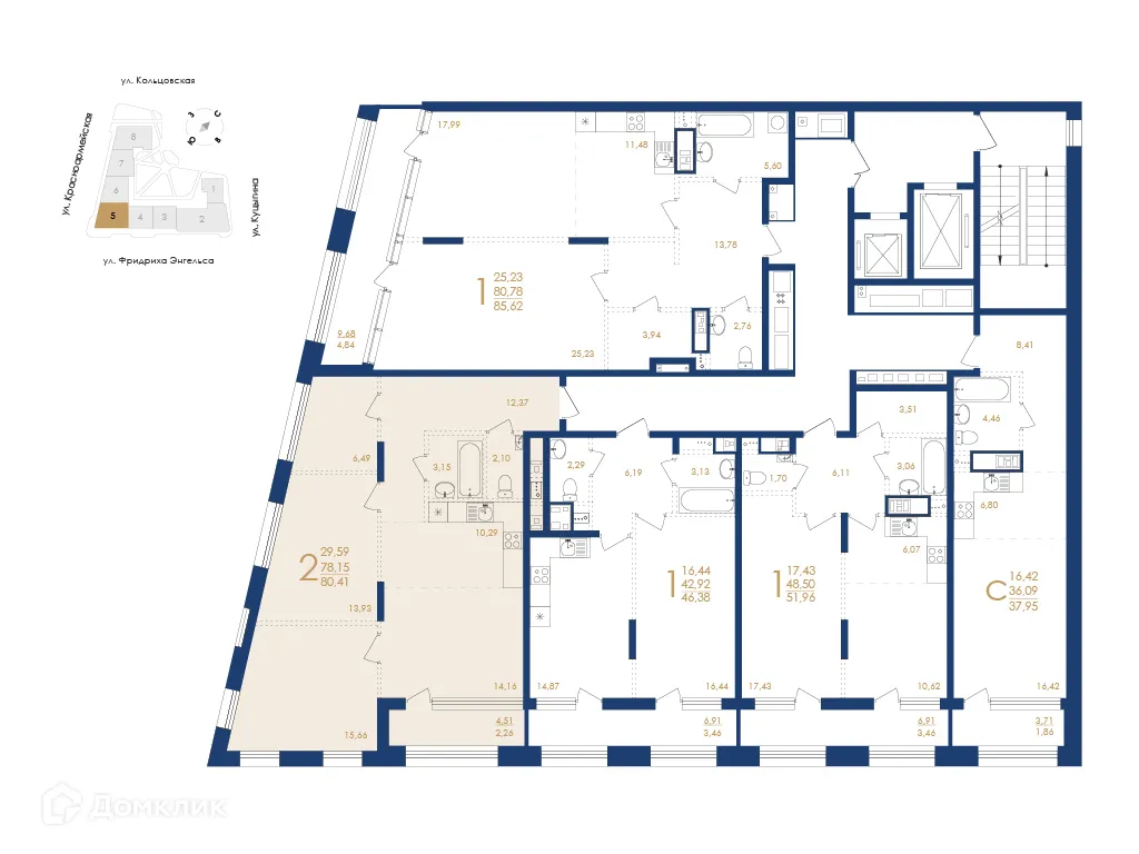 Планировка 2-комнатной квартиры 80.41 м² в ЖК Жилой дом по ул. Фридриха Энгельса, г. Воронеж — фото 6