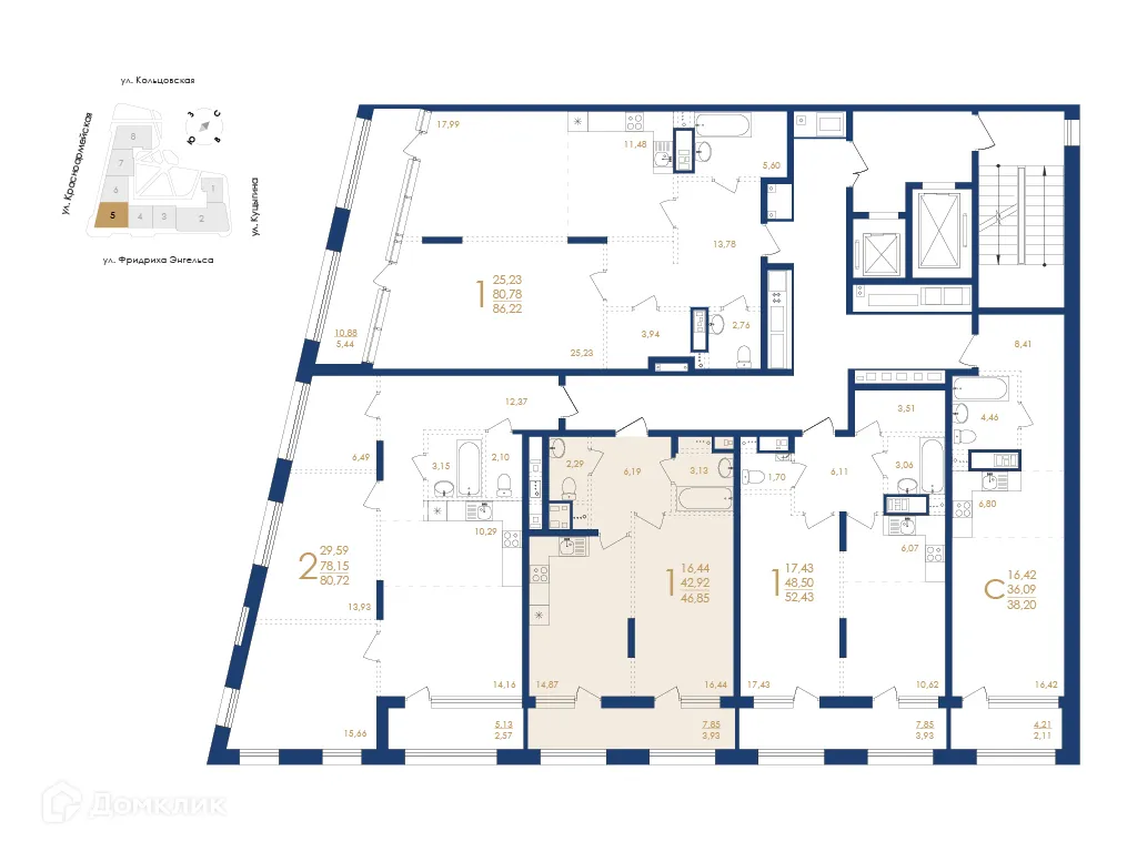 Планировка 1-комнатной квартиры 46.85 м² в ЖК Жилой дом по ул. Фридриха Энгельса, г. Воронеж — фото 3